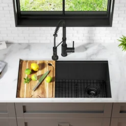 Workstation 32” Undermount 16 Gauge Black Stainless Steel Single Bowl Kitchen Sink in PVD Gunmetal Finish with Accessories