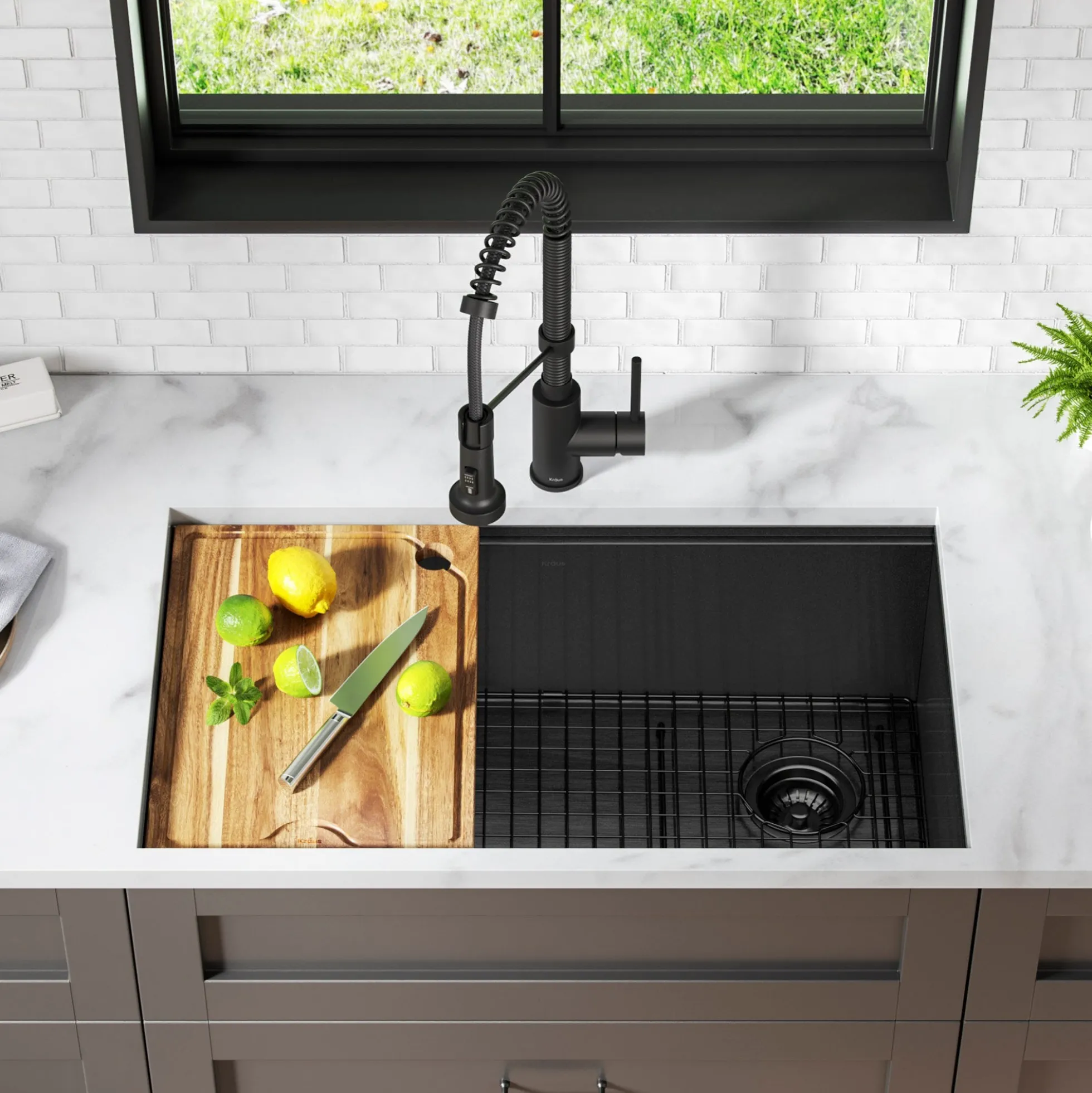 Workstation 32” Undermount 16 Gauge Black Stainless Steel Single Bowl Kitchen Sink in PVD Gunmetal Finish with Accessories