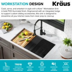 Workstation 32” Undermount 16 Gauge Black Stainless Steel Single Bowl Kitchen Sink in PVD Gunmetal Finish with Accessories