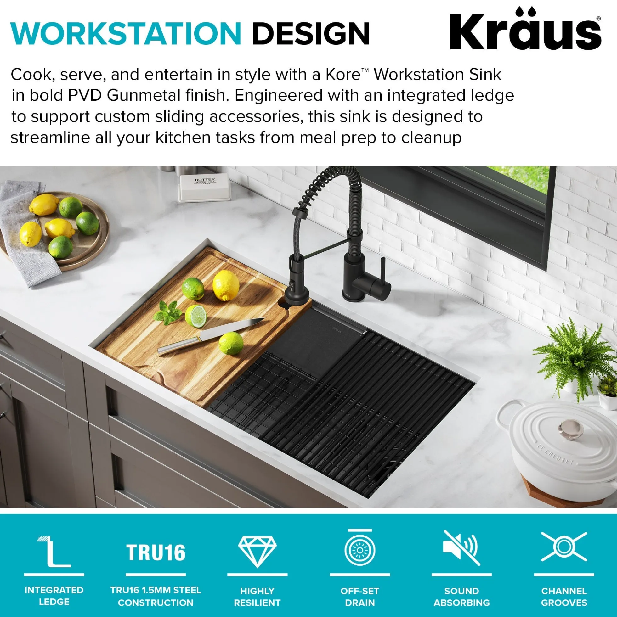 Workstation 32” Undermount 16 Gauge Black Stainless Steel Single Bowl Kitchen Sink in PVD Gunmetal Finish with Accessories