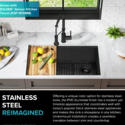 Workstation 32” Undermount 16 Gauge Black Stainless Steel Single Bowl Kitchen Sink in PVD Gunmetal Finish with Accessories