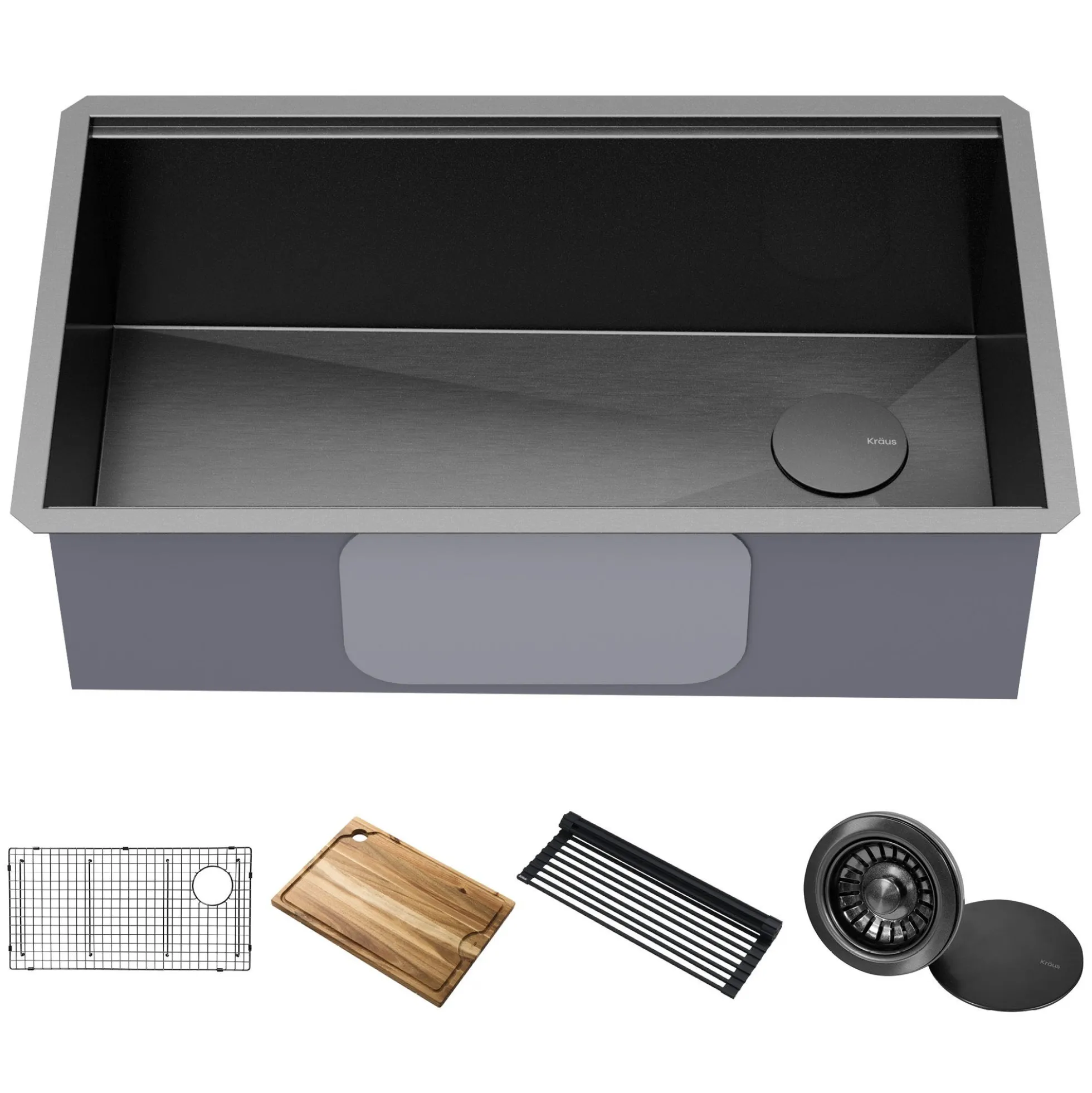 Workstation 32” Undermount 16 Gauge Black Stainless Steel Single Bowl Kitchen Sink in PVD Gunmetal Finish with Accessories