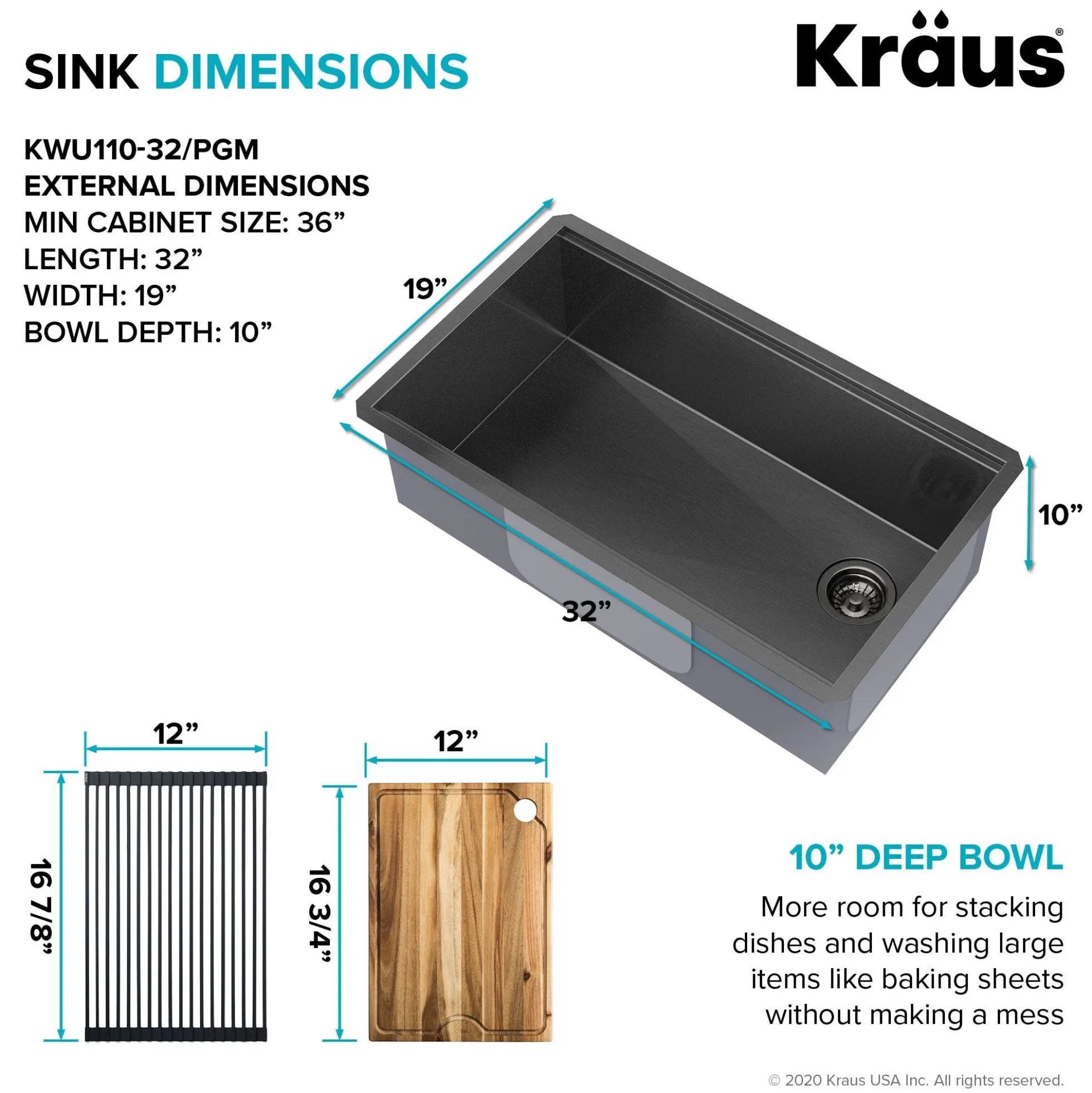 Workstation 32” Undermount 16 Gauge Black Stainless Steel Single Bowl Kitchen Sink in PVD Gunmetal Finish with Accessories