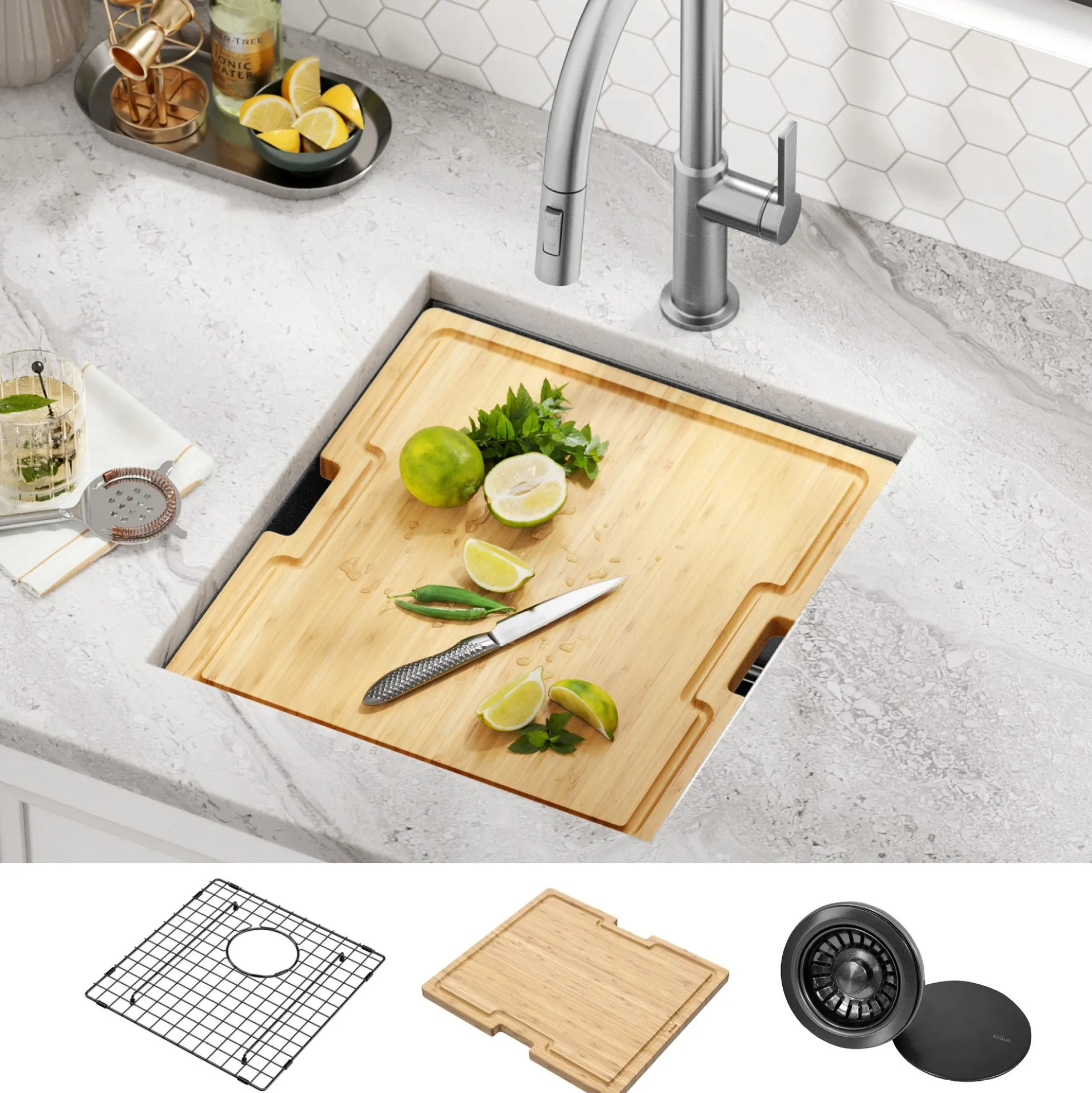 Workstation 17” Undermount 16 Gauge Black Stainless Steel Single Bowl Kitchen Bar Sink in PVD Gunmetal Finish with Accessories