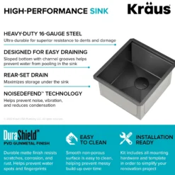Workstation 17” Undermount 16 Gauge Black Stainless Steel Single Bowl Kitchen Bar Sink in PVD Gunmetal Finish with Accessories