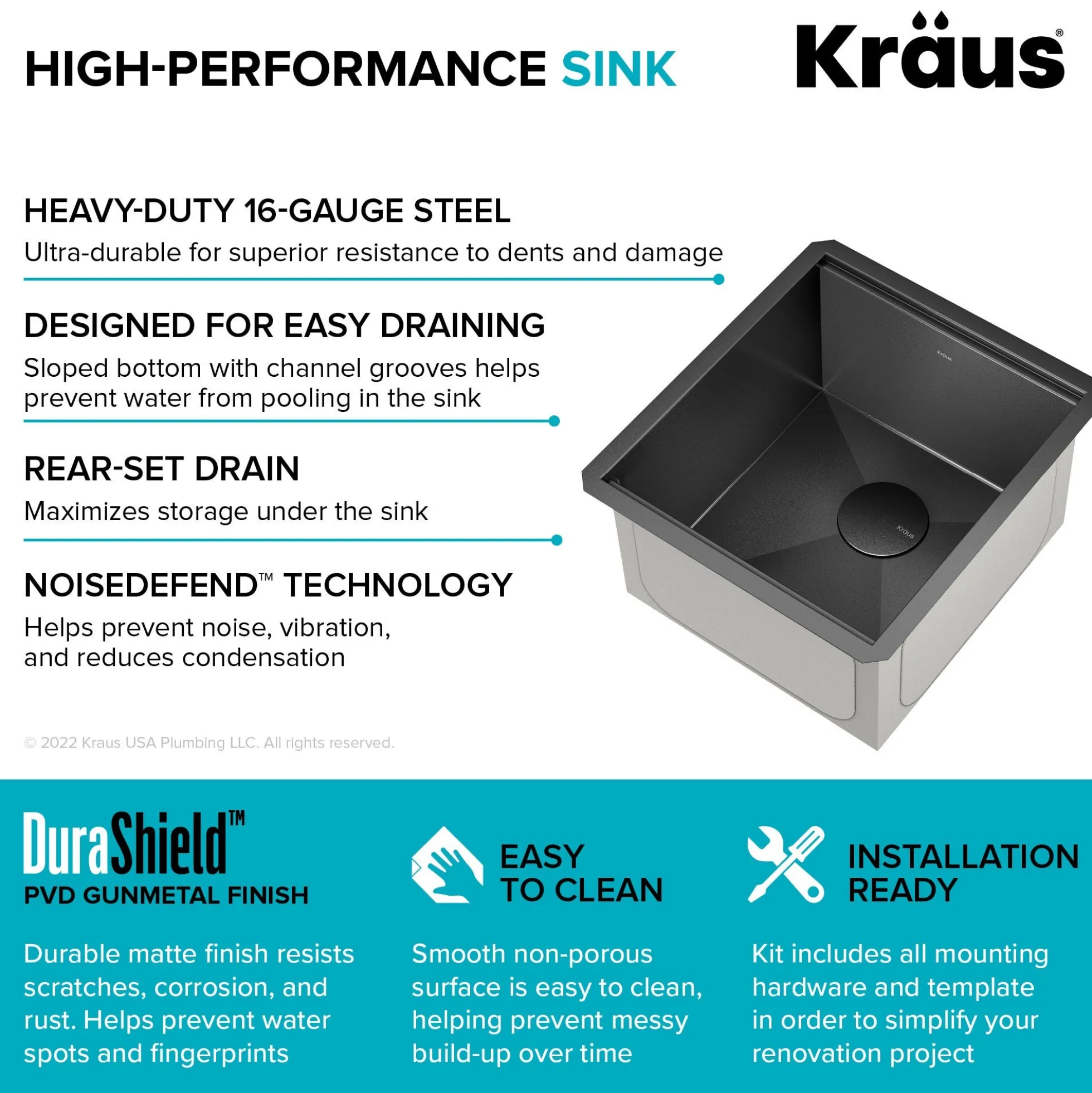 Workstation 17” Undermount 16 Gauge Black Stainless Steel Single Bowl Kitchen Bar Sink in PVD Gunmetal Finish with Accessories