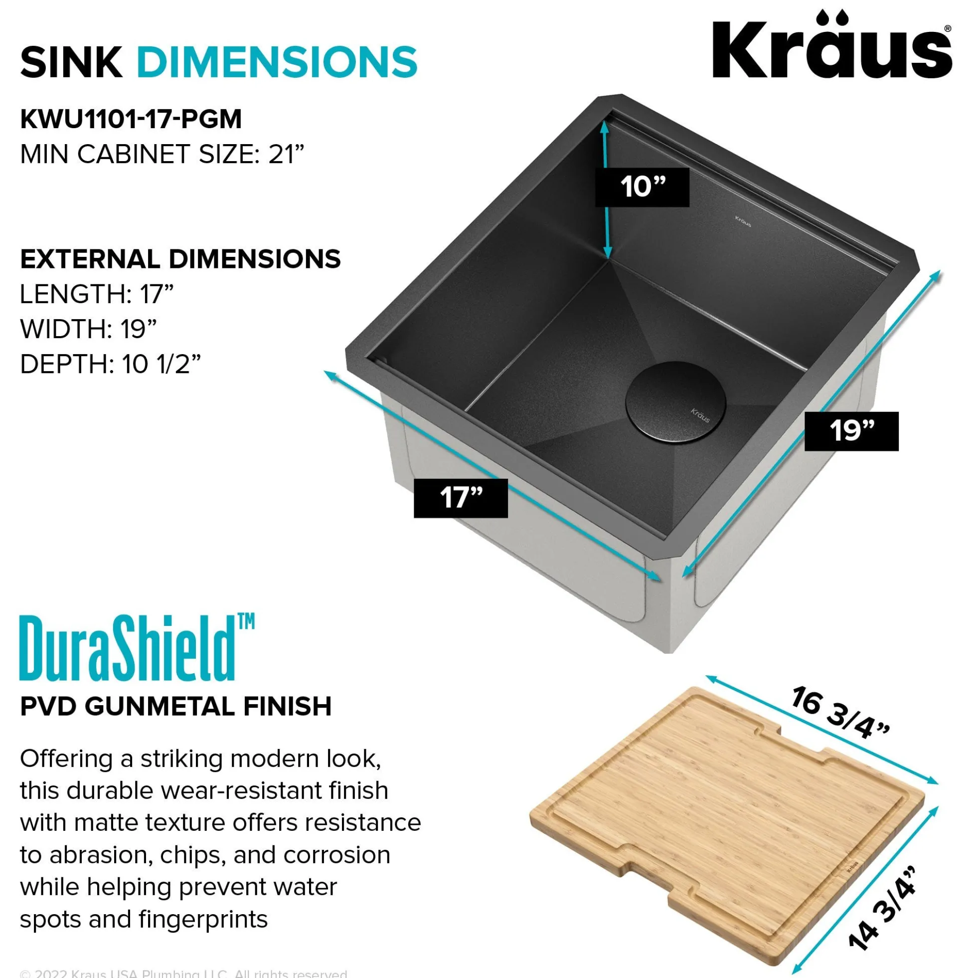 Workstation 17” Undermount 16 Gauge Black Stainless Steel Single Bowl Kitchen Bar Sink in PVD Gunmetal Finish with Accessories