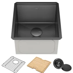 Workstation 17” Undermount 16 Gauge Black Stainless Steel Single Bowl Kitchen Bar Sink in PVD Gunmetal Finish with Accessories