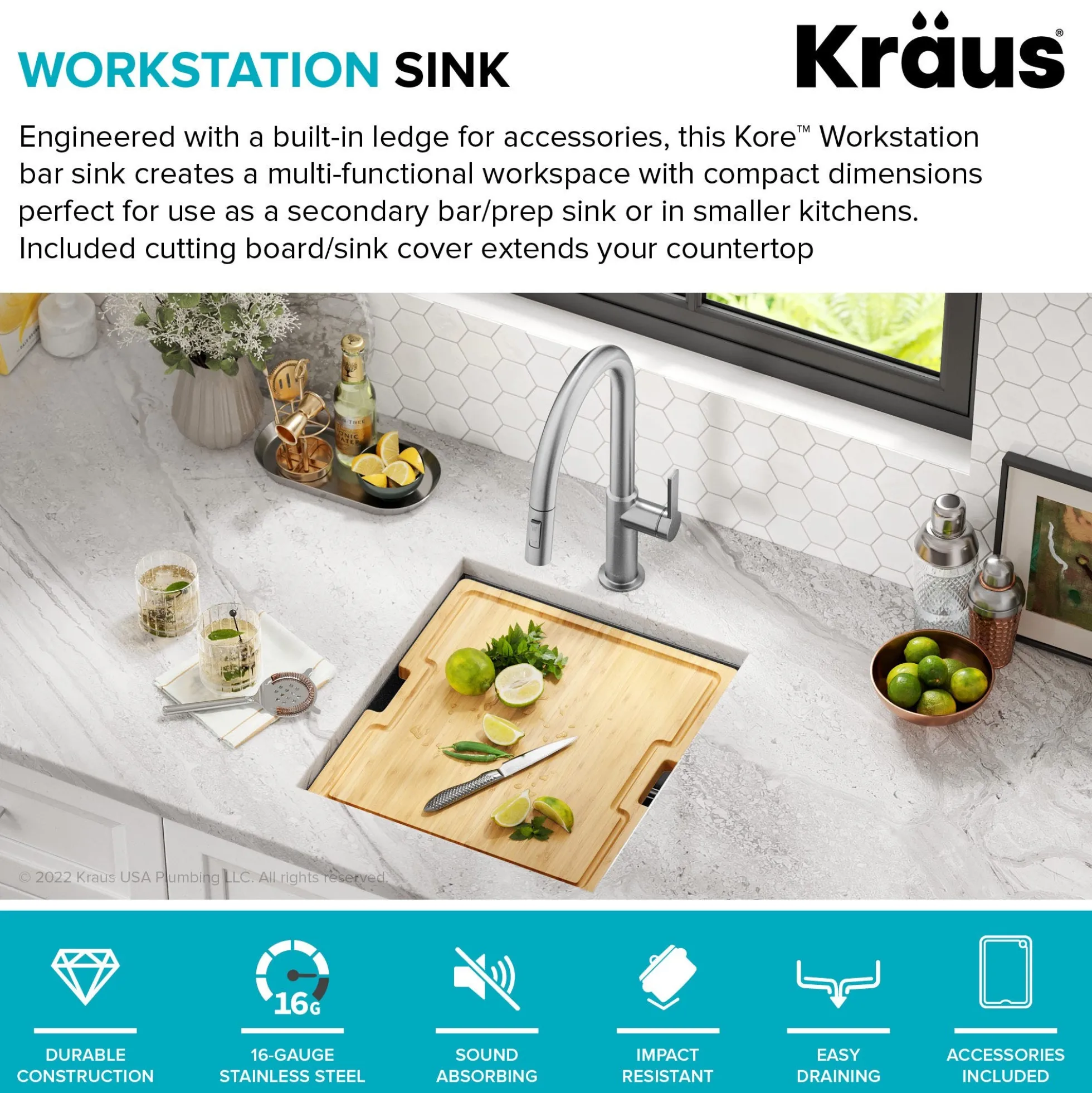 Workstation 17” Undermount 16 Gauge Black Stainless Steel Single Bowl Kitchen Bar Sink in PVD Gunmetal Finish with Accessories