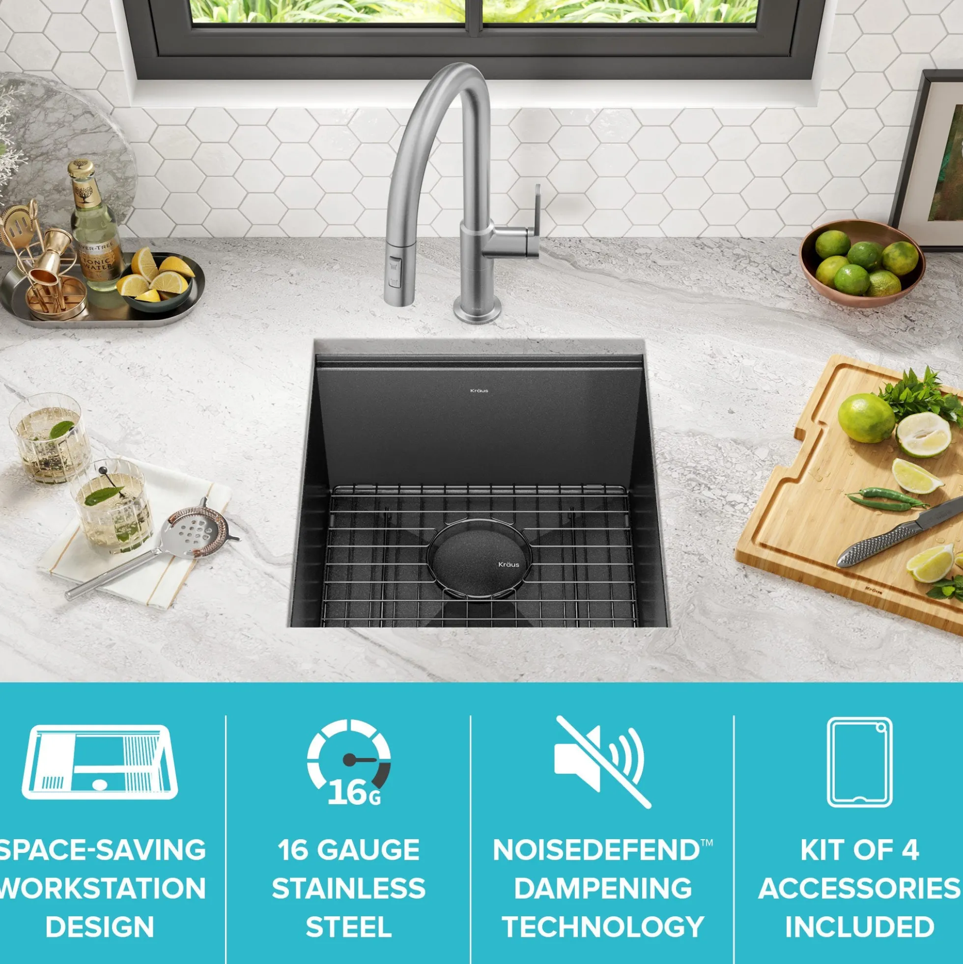 Workstation 17” Undermount 16 Gauge Black Stainless Steel Single Bowl Kitchen Bar Sink in PVD Gunmetal Finish with Accessories