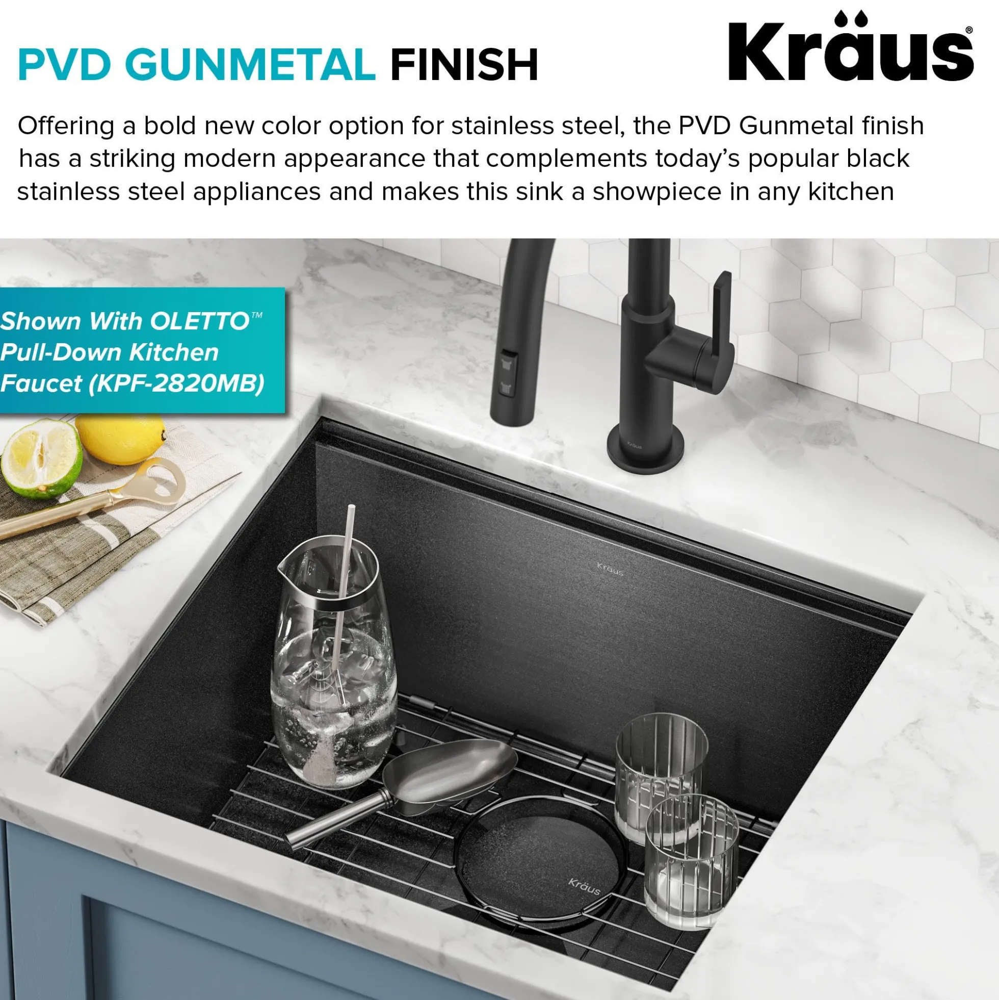 Workstation 21” Undermount 16 Gauge Black Stainless Steel Single Bowl Kitchen Sink in PVD Gunmetal Finish with Accessories
