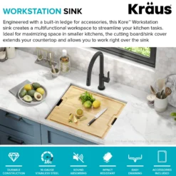 Workstation 21” Undermount 16 Gauge Black Stainless Steel Single Bowl Kitchen Sink in PVD Gunmetal Finish with Accessories