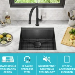 Workstation 21” Undermount 16 Gauge Black Stainless Steel Single Bowl Kitchen Sink in PVD Gunmetal Finish with Accessories