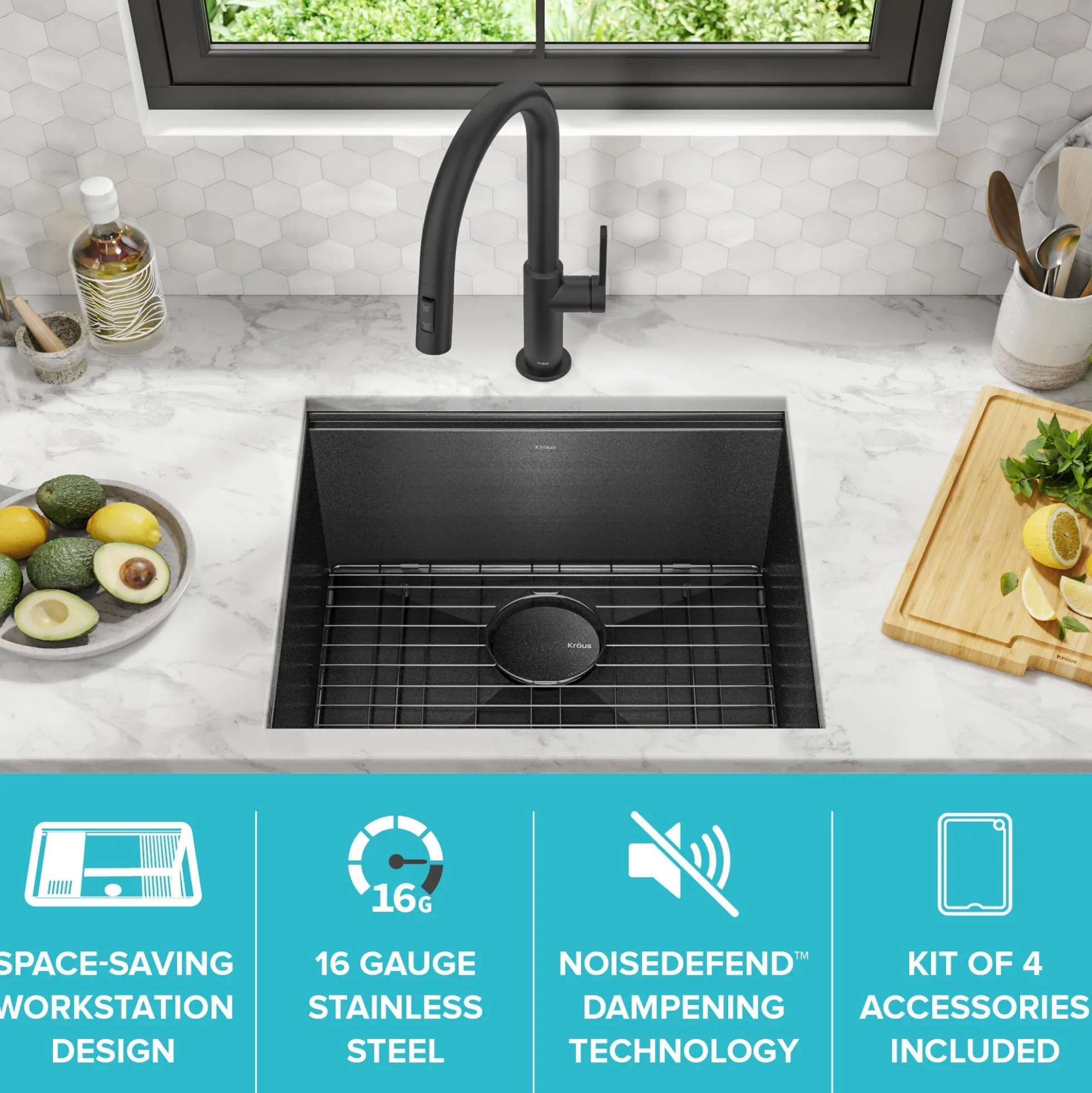 Workstation 21” Undermount 16 Gauge Black Stainless Steel Single Bowl Kitchen Sink in PVD Gunmetal Finish with Accessories