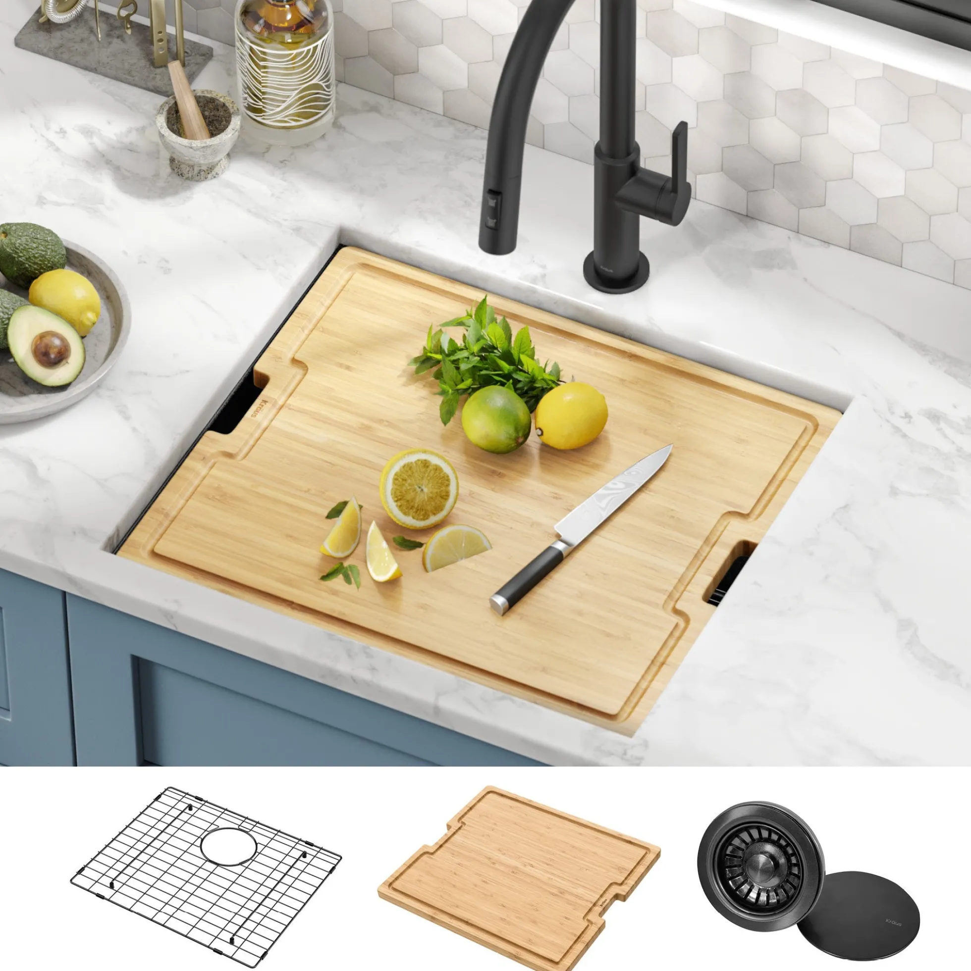Workstation 21” Undermount 16 Gauge Black Stainless Steel Single Bowl Kitchen Sink in PVD Gunmetal Finish with Accessories