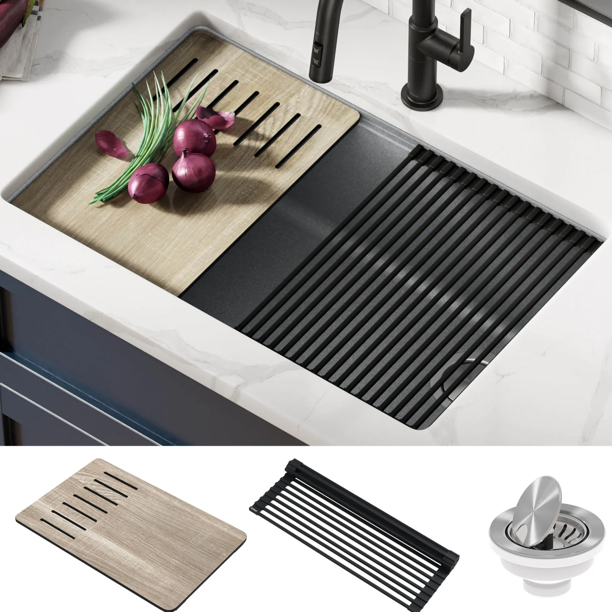 Workstation 30" Undermount Granite Single Bowl Kitchen Sink in Metallic Gray with Accessories