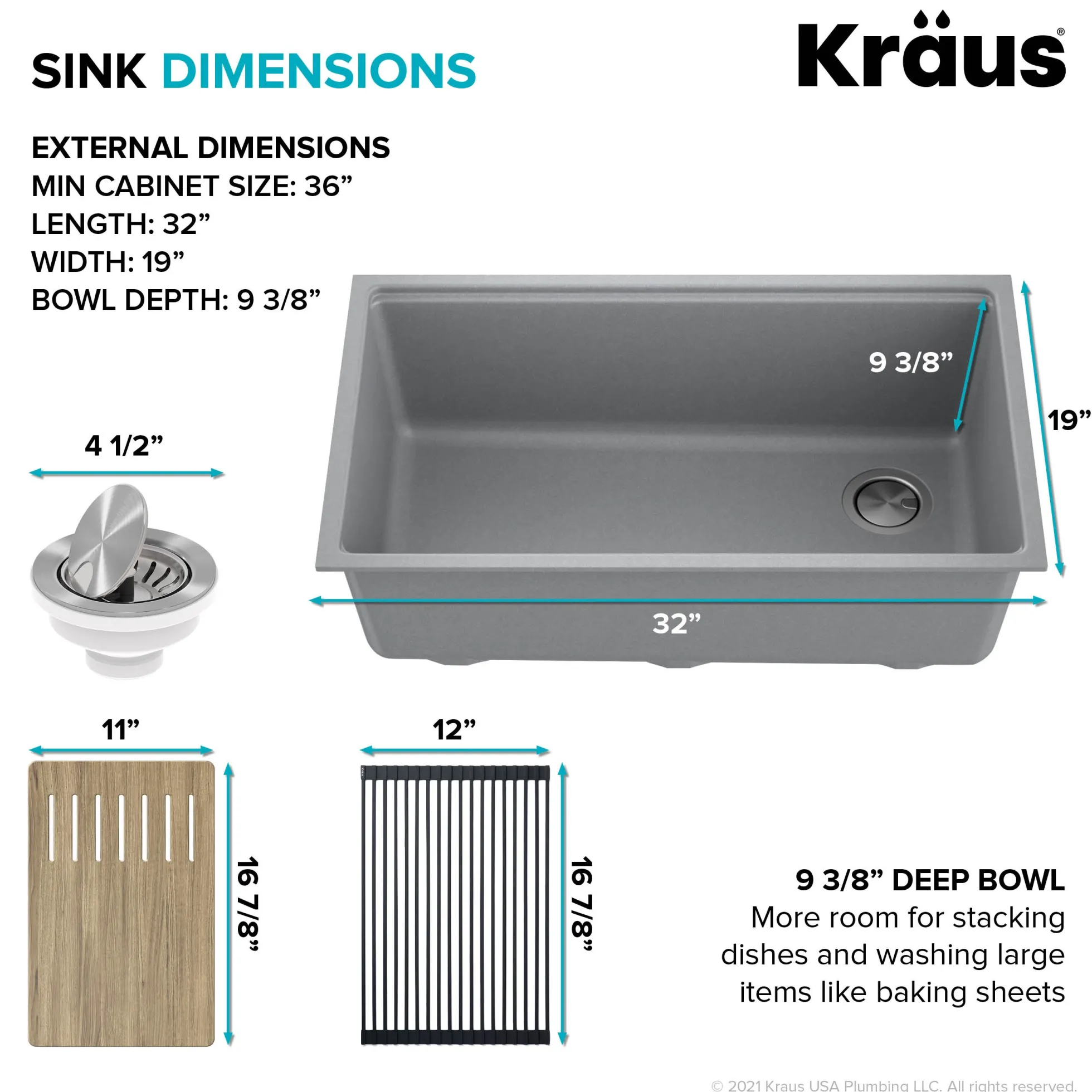 Workstation 32" Undermount Granite Single Bowl Kitchen Sink in Metallic Gray with Accessories