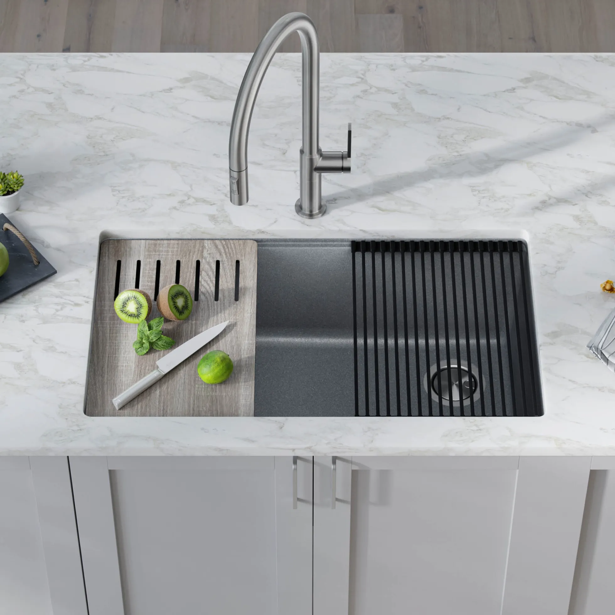 Workstation 32" Undermount Granite Single Bowl Kitchen Sink in Metallic Gray with Accessories