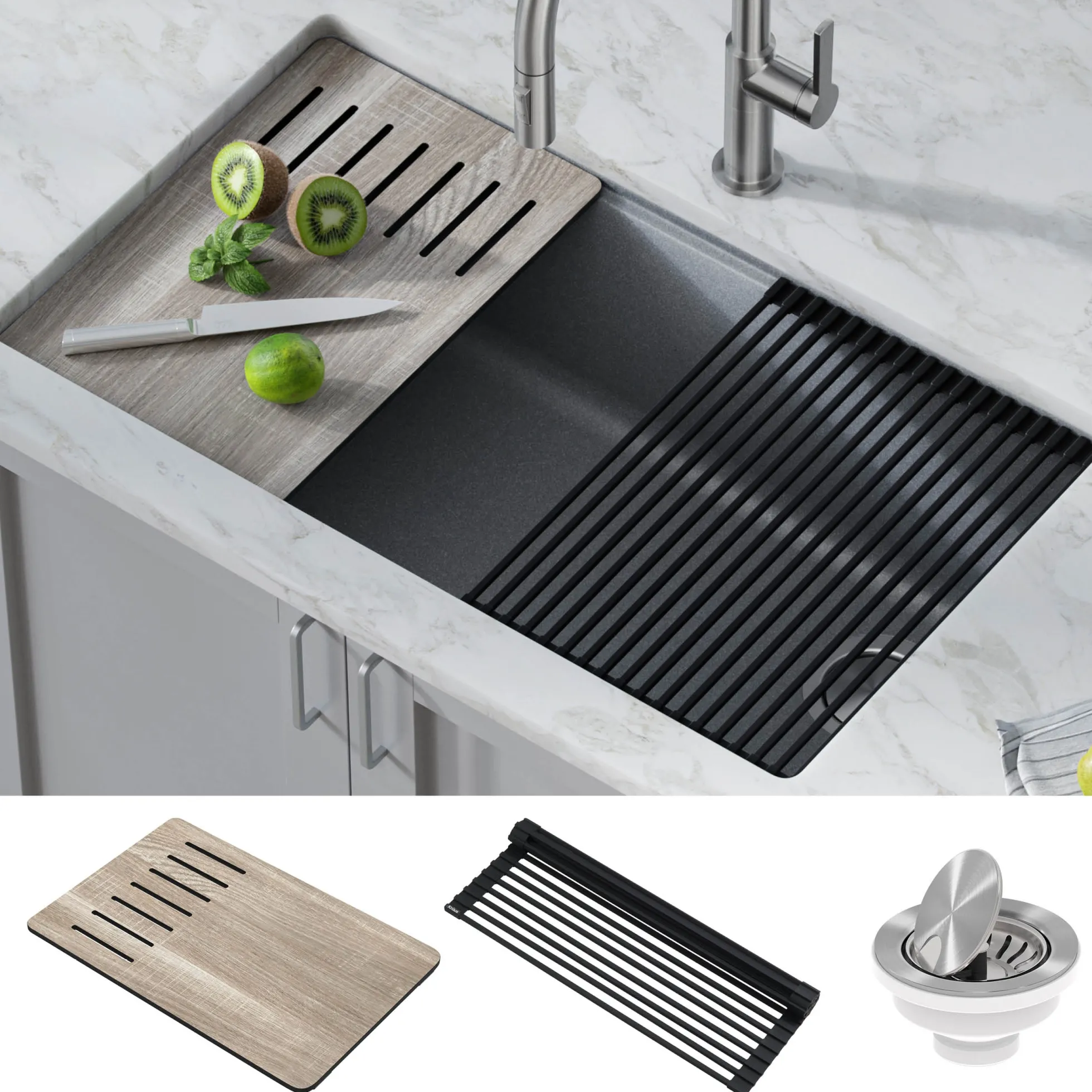 Workstation 32" Undermount Granite Single Bowl Kitchen Sink in Metallic Gray with Accessories