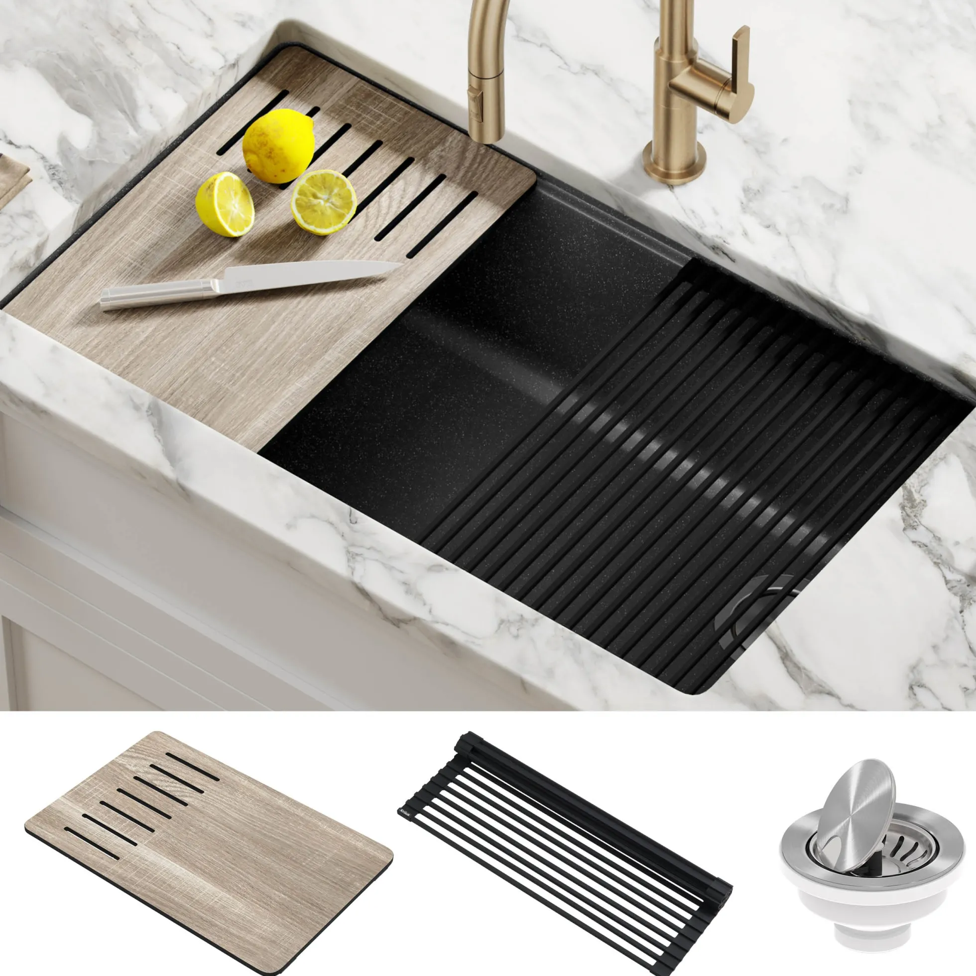 Workstation 32" Undermount Granite Single Bowl Kitchen Sink in Metallic Black with Accessories