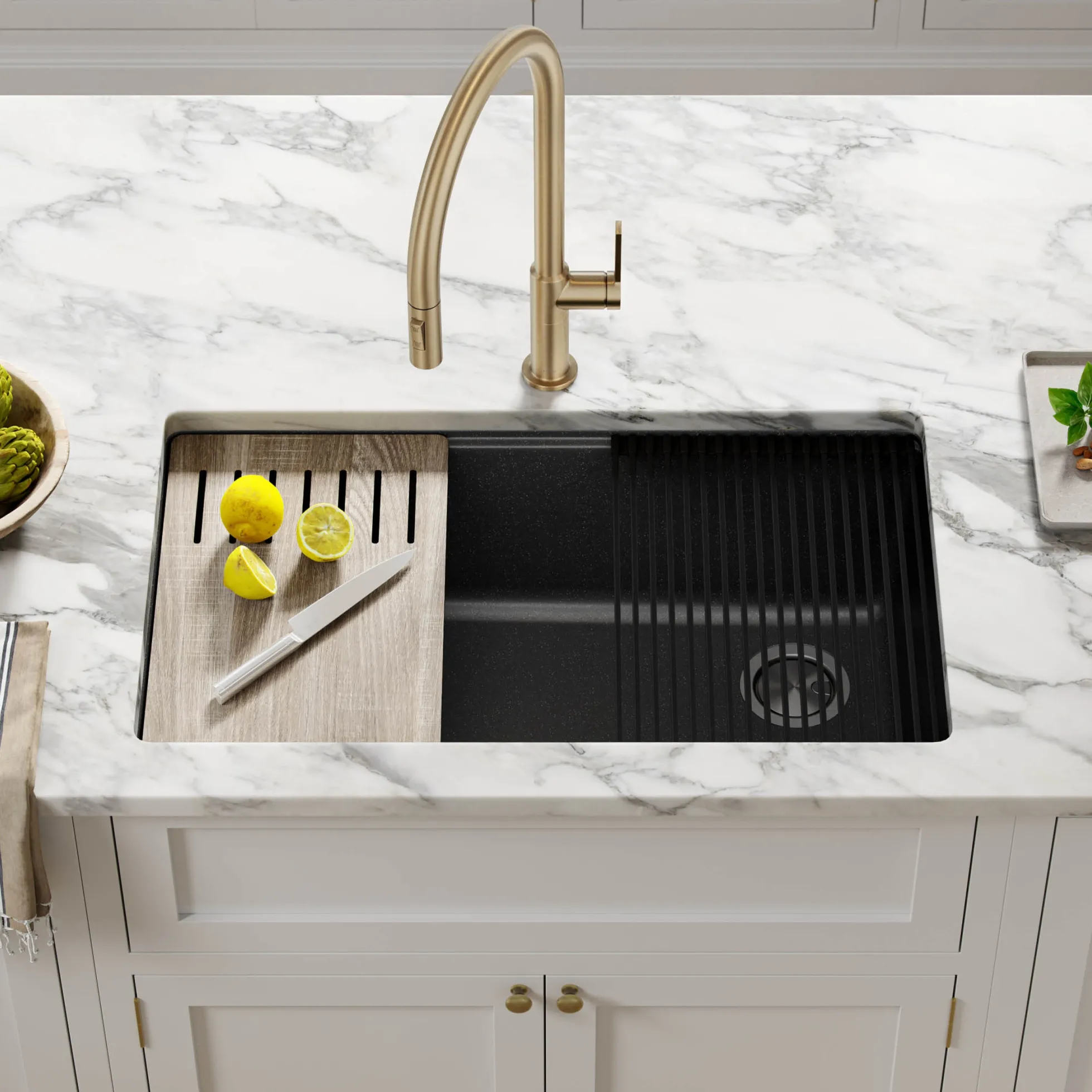 Workstation 32" Undermount Granite Single Bowl Kitchen Sink in Metallic Black with Accessories