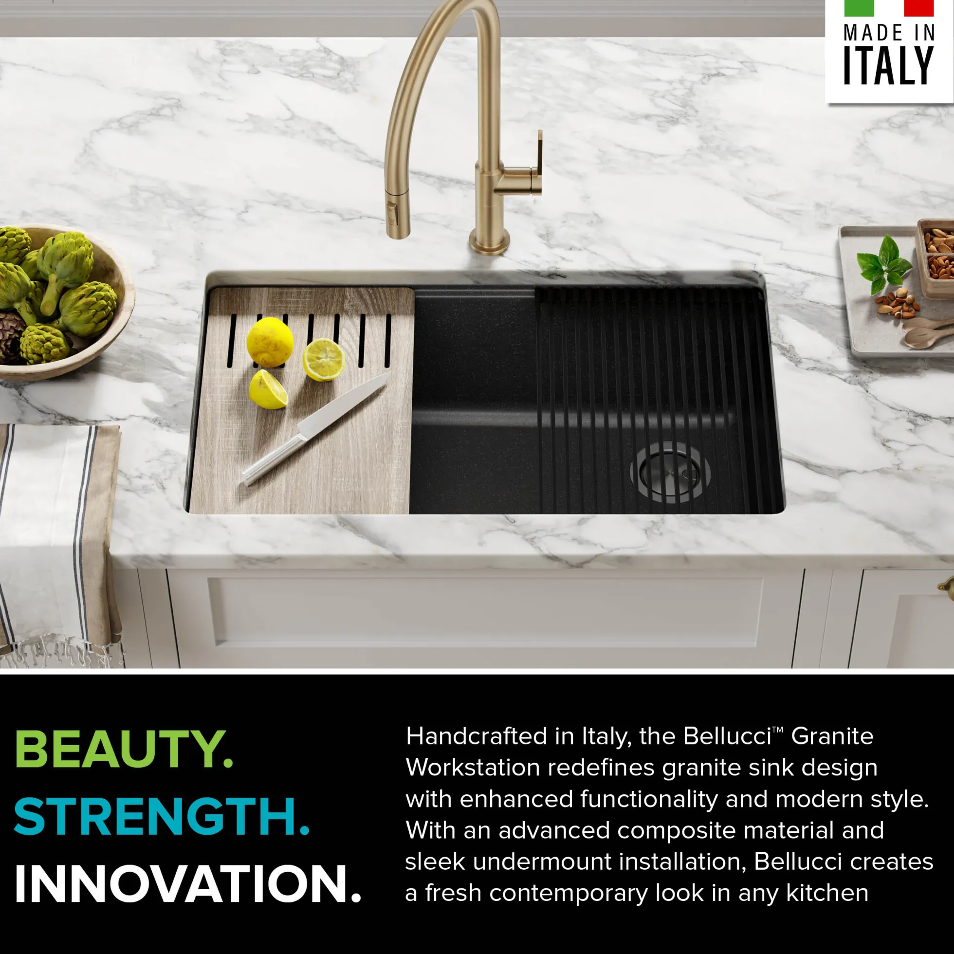 Workstation 32" Undermount Granite Single Bowl Kitchen Sink in Metallic Black with Accessories