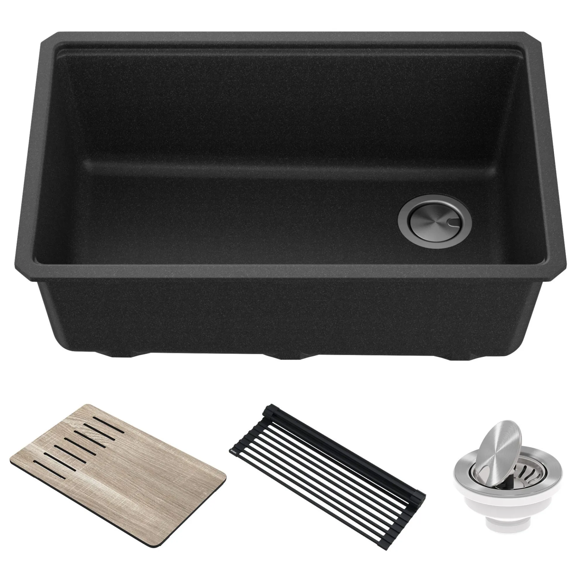 Workstation 30" Undermount Granite Single Bowl Kitchen Sink in Metallic Black with Accessories