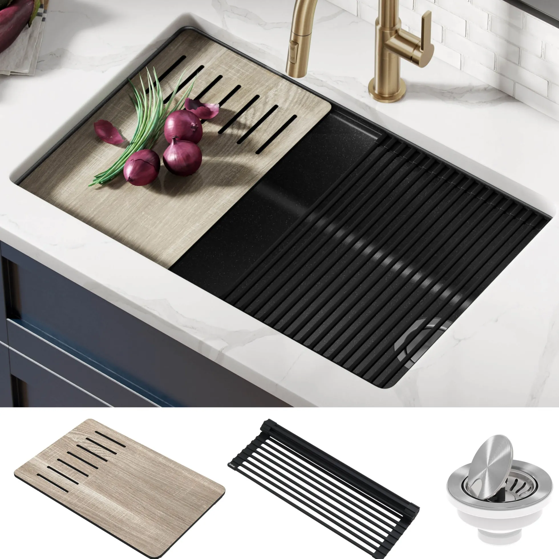 Workstation 30" Undermount Granite Single Bowl Kitchen Sink in Metallic Black with Accessories